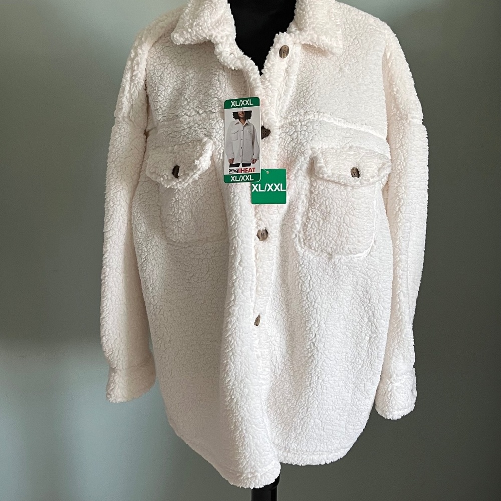 NWT 32 Degrees Heat Button Front Ivory Teddy Jacket XL/XXL